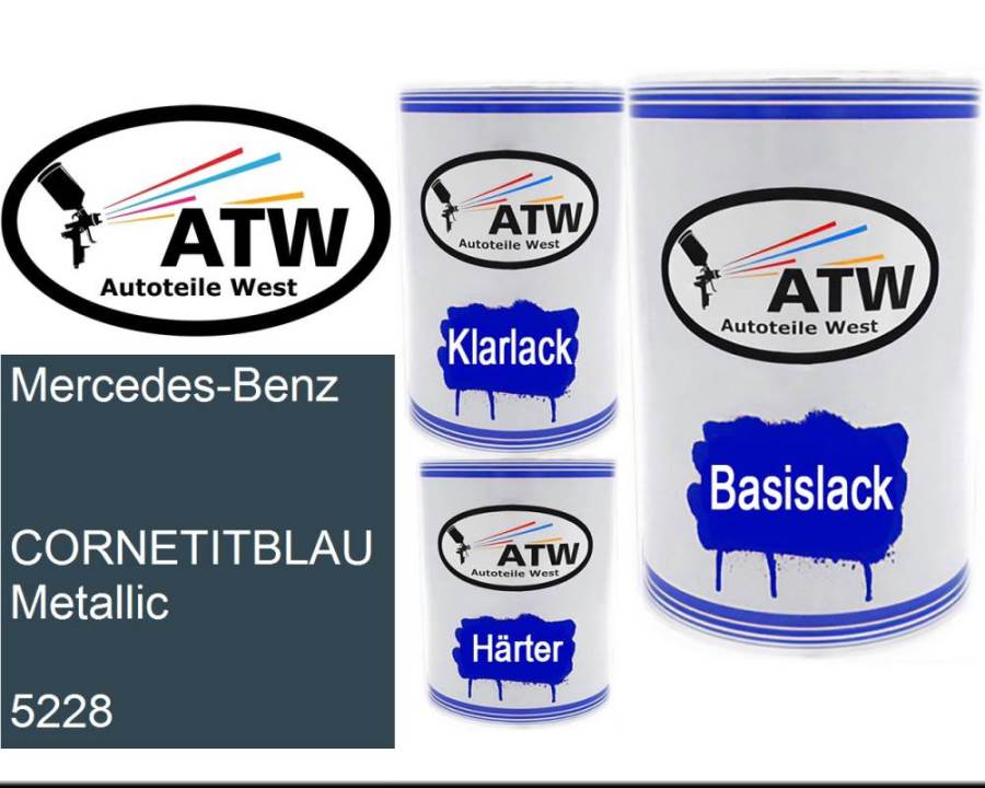 Mercedes-Benz,  CORNETITBLAU Metallic, 5228: 500ml Lackdose + 500ml Klarlack + 250ml Härter - Set, von ATW Autoteile West.